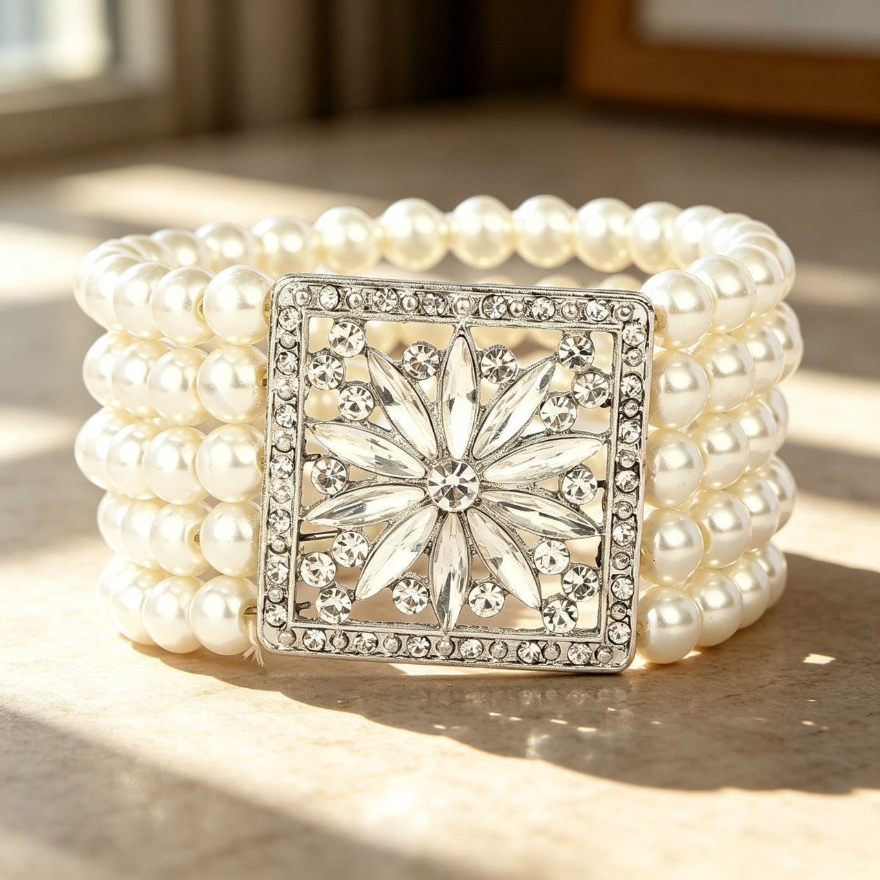 4-Row Faux Pearl Crystal Bracelet