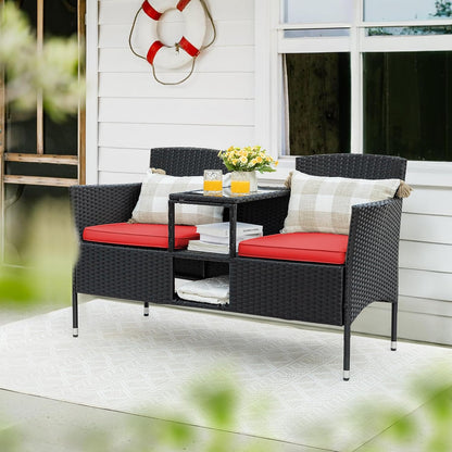 Outdoor Furniture Patio Loveseat Wicker 2-Seat with Built-in Table and Cushions Rattan Porch Chairs Bench for Balcony, Lawn, Backyard (Beige)