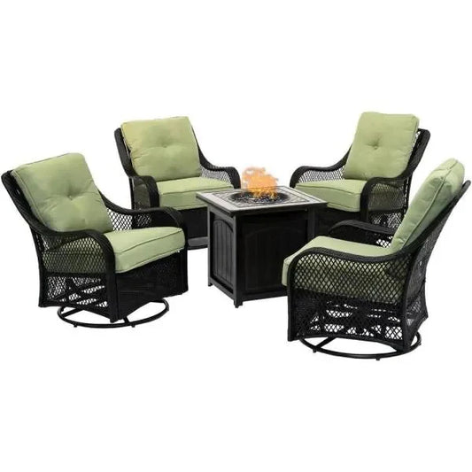 5-Piece Steel Patio Fire Pit Conversation Set with Navy Blue Cushions, Swivel Gliders and Square Fire Pit Table