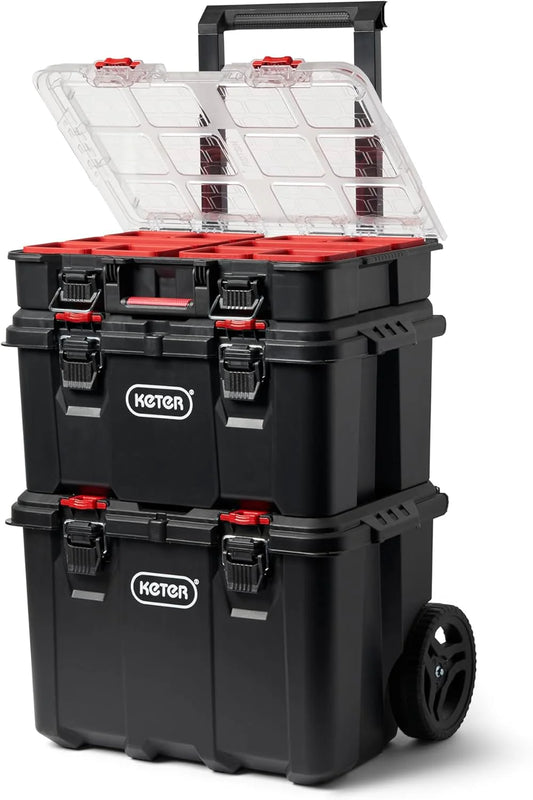 Stack-n-Roll Modular Tools Organizer for Garage Storage and DIY, 3 Piece Resin Rolling Tool Box System for Small Parts