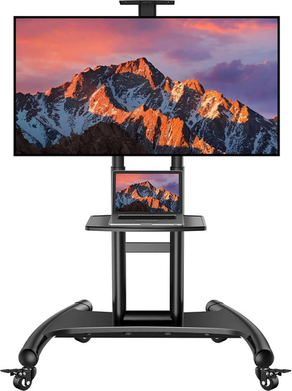 Rolling/Mobile TV Cart with Wheels for 32-82 Inch LCD LED 4K Flat Screen TVs - TV Floor Stand with Shelf Holds Up to 100 lbs, Height Adjustable Trolley Max VESA 600x400mm- PSTVMC05