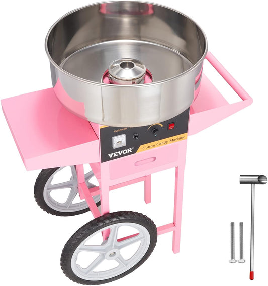 Electric Cotton Candy Machine with Cart, 1000W Commercial Floss Maker with Stainless Steel Bowl, Sugar Scoop and Drawer, Perfect for Home, Kids Birthday, Family Party, Pink