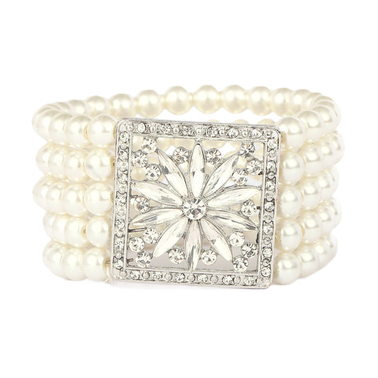 4-Row Faux Pearl Crystal Bracelet
