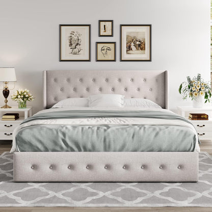 Queen Size Lift Up Storage Bed, Modern Wingback Headboard, Hydraulic Support, No Box Spring Needed, Light Beige