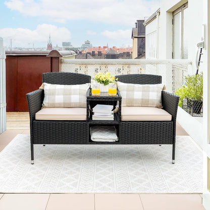 Outdoor Furniture Patio Loveseat Wicker 2-Seat with Built-in Table and Cushions Rattan Porch Chairs Bench for Balcony, Lawn, Backyard (Beige)
